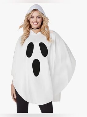White Ghost Hooded Halloween Costume Poncho with Black Ghost Face